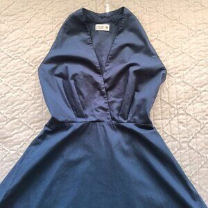 100% Cotton Navy Blue Sleeveless Midi Dress with Circle Skirt